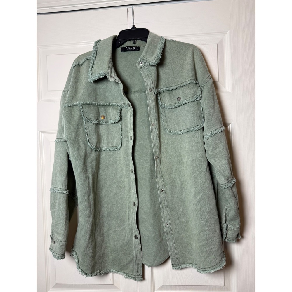 Blue B Collection Sage Green Smiley Face Butterfly Frayed Denim‎ Shacket   M - Picture 8 of 10